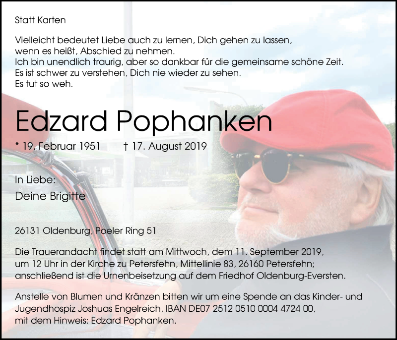  Traueranzeige für Edzard Pophanken vom 24.08.2019 aus Nordwest-Zeitung