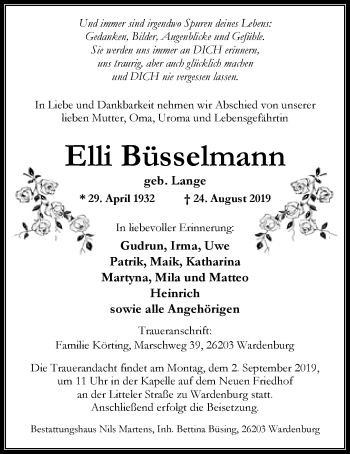 Traueranzeige von Elli Büsselmann von Nordwest-Zeitung
