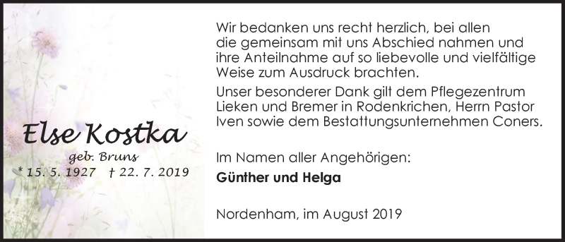  Traueranzeige für Else Kostka vom 15.08.2019 aus Nordwest-Zeitung