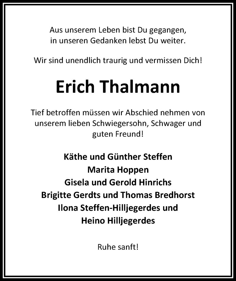  Traueranzeige für Erich Thalmann vom 13.08.2019 aus Nordwest-Zeitung