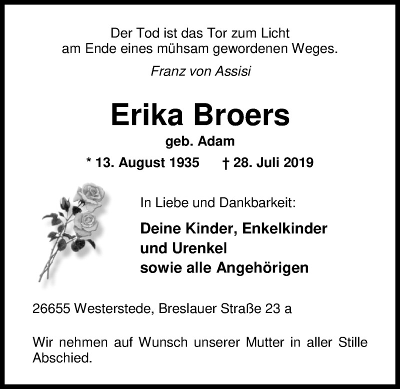  Traueranzeige für Erika Broers vom 02.08.2019 aus Nordwest-Zeitung