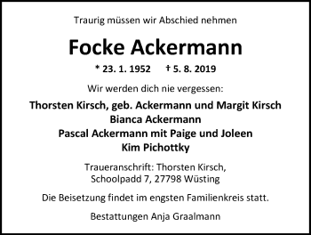Traueranzeige von Focke Ackermann von Nordwest-Zeitung