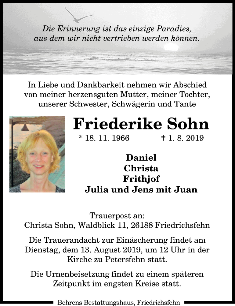  Traueranzeige für Friederike Sohn vom 07.08.2019 aus Nordwest-Zeitung