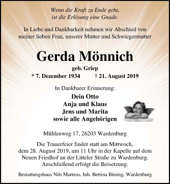 Traueranzeige von Gerda Mönnich von Nordwest-Zeitung
