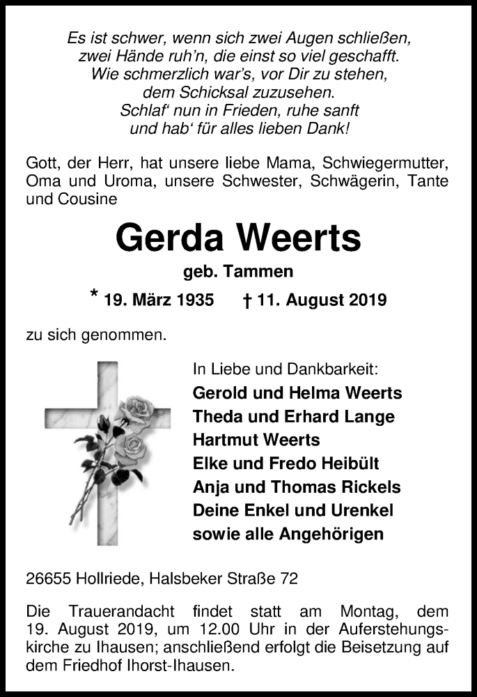  Traueranzeige für Gerda Weerts vom 14.08.2019 aus Nordwest-Zeitung
