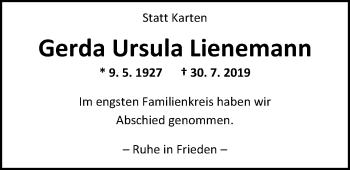 Traueranzeige von Gerda Ursula Lienemann von Nordwest-Zeitung