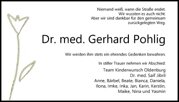 Traueranzeige von Dr. Gerhard Pohlig von Nordwest-Zeitung