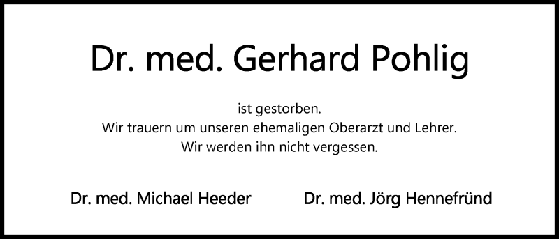  Traueranzeige für Dr. Gerhard Pohlig vom 24.08.2019 aus Nordwest-Zeitung
