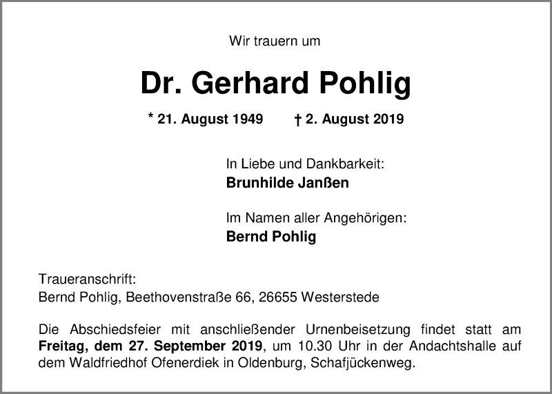  Traueranzeige für Dr. Gerhard Pohlig vom 24.08.2019 aus Nordwest-Zeitung
