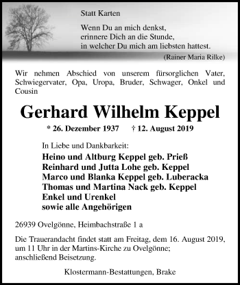 Traueranzeige von Gerhard Wilhelm Keppel von Nordwest-Zeitung
