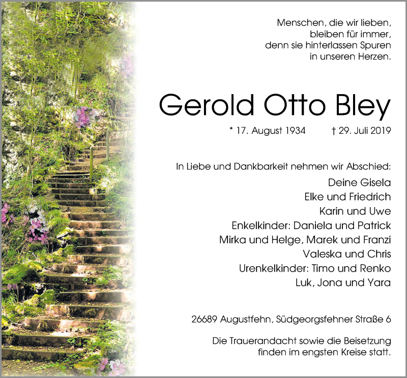  Traueranzeige für Gerold Otto Bley vom 01.08.2019 aus Nordwest-Zeitung