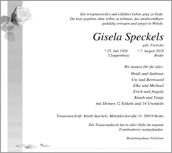 Traueranzeige von Gisela Speckels von Nordwest Zeitung