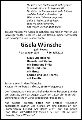 Traueranzeige von Gisela Wünsche von Nordwest-Zeitung