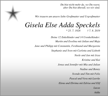Traueranzeige von Gisela Else Adda Speckels von Nordwest Zeitung