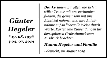 Traueranzeige von Günter Hegeler von Nordwest Zeitung