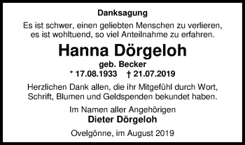Traueranzeige von Hanna Dörgeloh von Nordwest-Zeitung