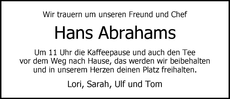  Traueranzeige für Hans Abrahams vom 29.08.2019 aus Nordwest-Zeitung