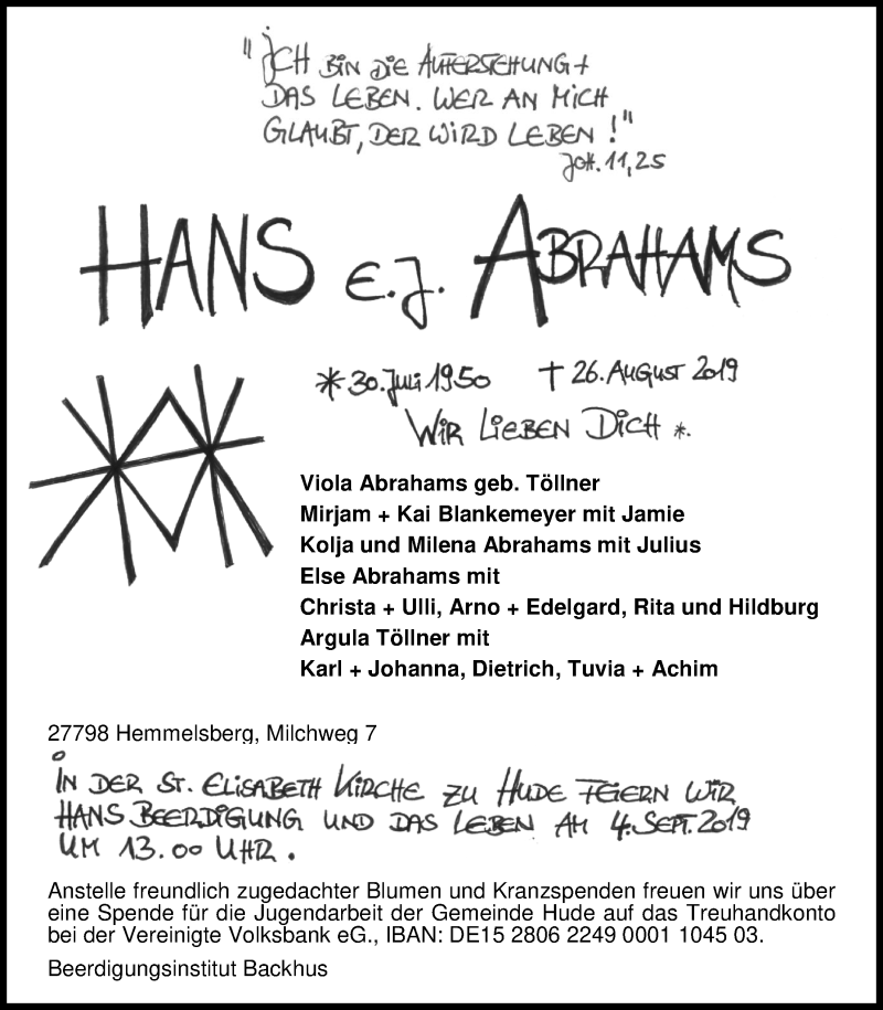  Traueranzeige für Hans Abrahams vom 29.08.2019 aus Nordwest-Zeitung