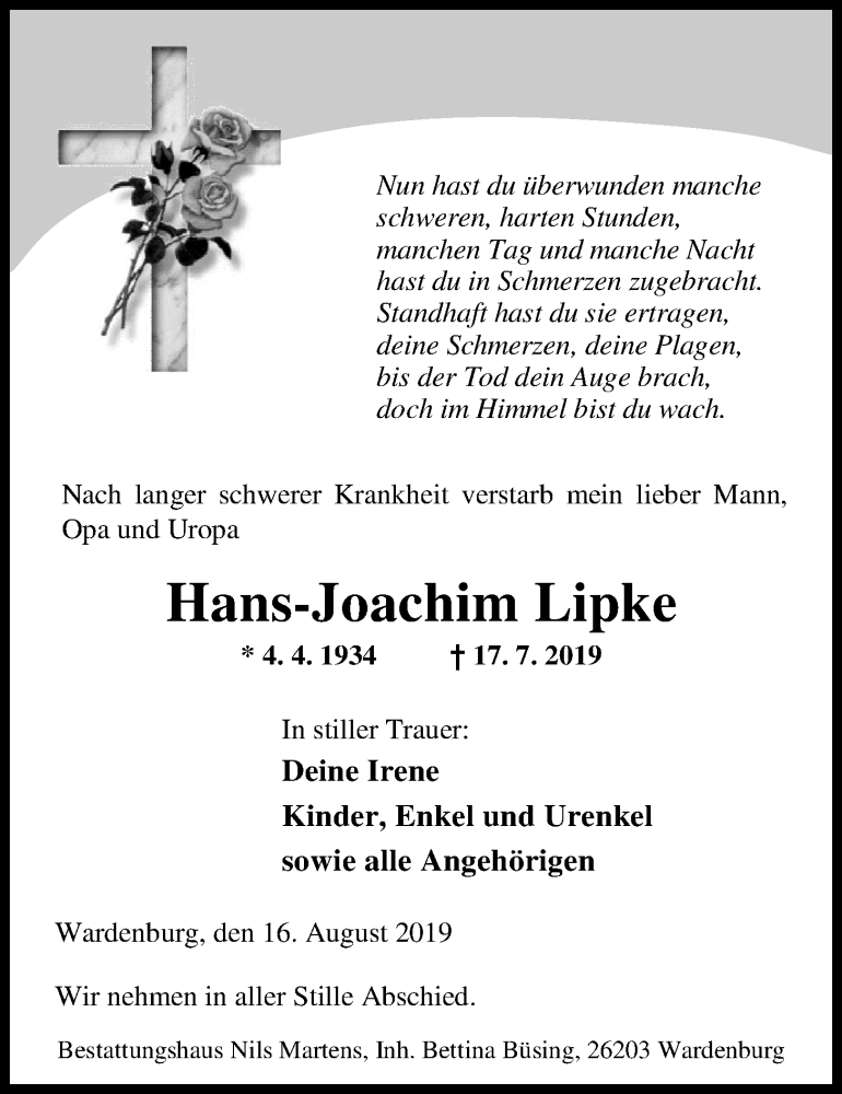  Traueranzeige für Hans-Joachim Lipke vom 16.08.2019 aus Nordwest-Zeitung