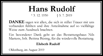 Traueranzeige von Hans Rudolf von Nordwest-Zeitung