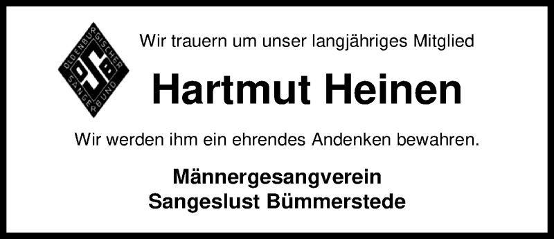  Traueranzeige für Hartmut Heinen vom 23.08.2019 aus Nordwest-Zeitung