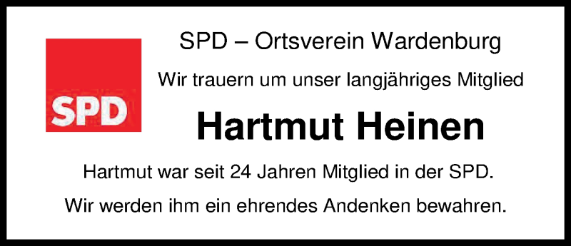  Traueranzeige für Hartmut Heinen vom 22.08.2019 aus Nordwest-Zeitung