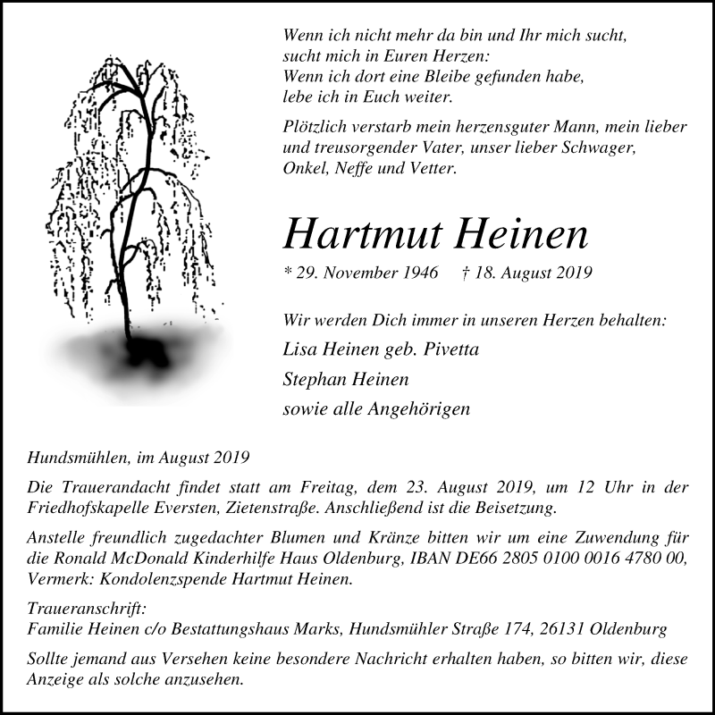 Traueranzeige für Hartmut Heinen vom 20.08.2019 aus Nordwest-Zeitung