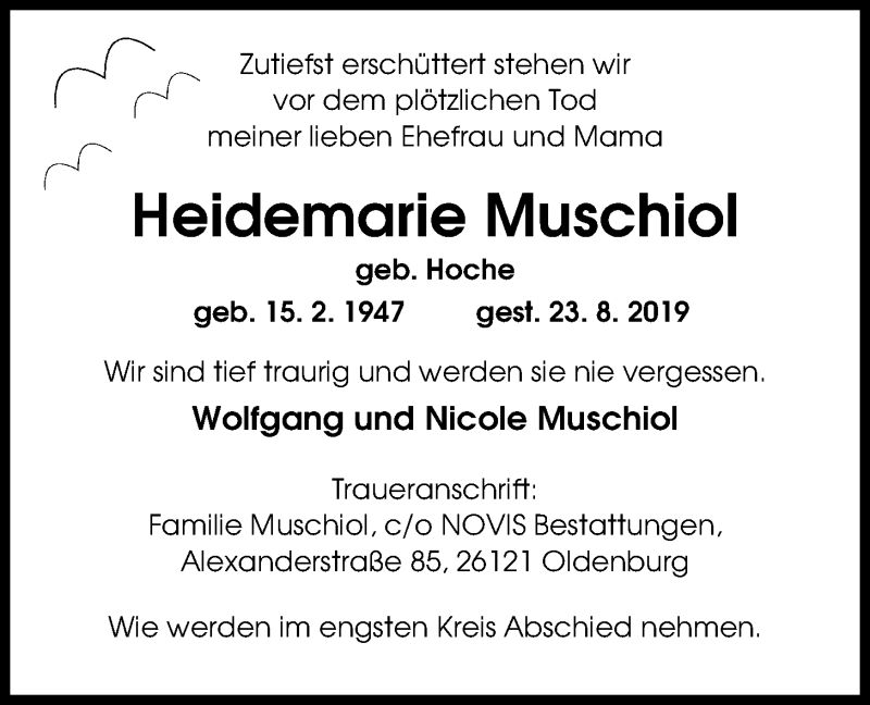  Traueranzeige für Heidemarie Muschiol vom 30.08.2019 aus Nordwest-Zeitung
