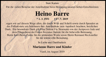 Traueranzeige von Heino Barre von Nordwest-Zeitung