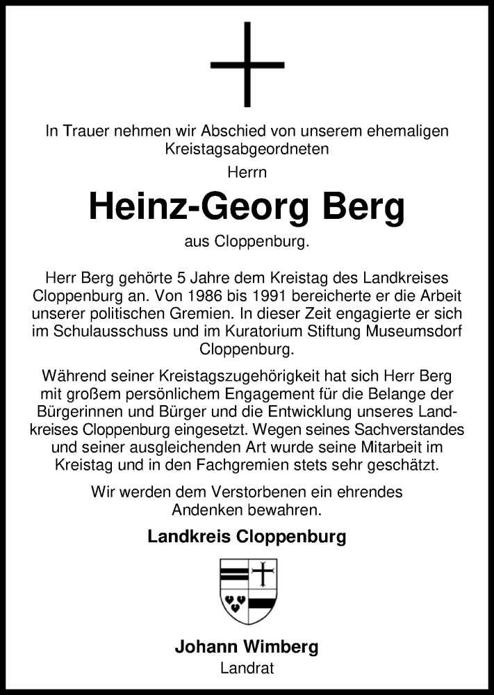  Traueranzeige für Heinz-Georg Berg vom 16.08.2019 aus Nordwest-Zeitung
