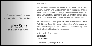 Traueranzeige von Heinz Suhr von Nordwest-Zeitung