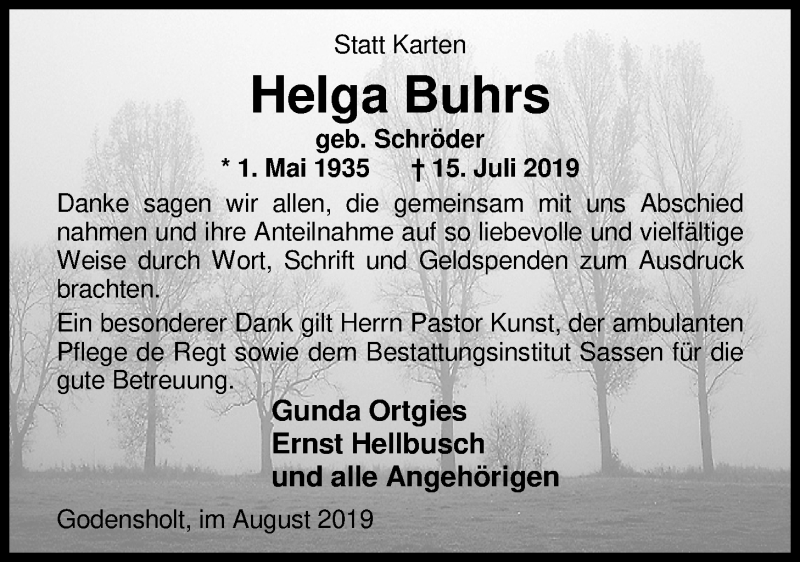  Traueranzeige für Helga Buhrs vom 23.08.2019 aus Nordwest-Zeitung
