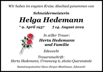 Traueranzeige von Helga Hedemann von Nordwest-Zeitung