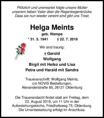 Traueranzeige von Helga Meints von Nordwest-Zeitung