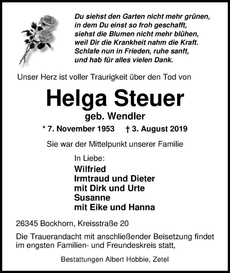  Traueranzeige für Helga Steuer vom 06.08.2019 aus Nordwest-Zeitung