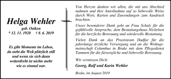 Traueranzeige von Helga Wehler von Nordwest-Zeitung