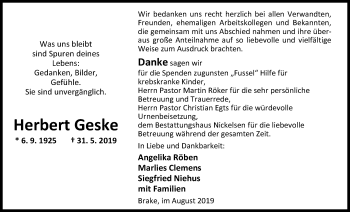 Traueranzeige von Herbert Geske von Nordwest-Zeitung
