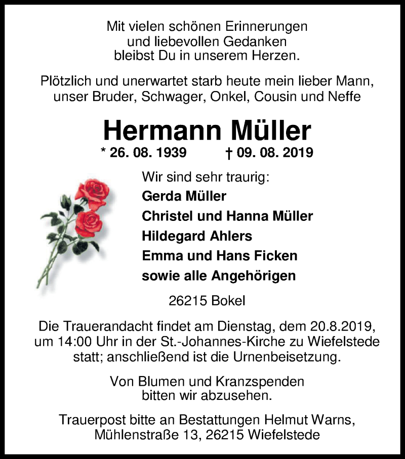  Traueranzeige für Hermann Müller vom 13.08.2019 aus Nordwest-Zeitung