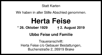 Traueranzeige von Herta Feise von Nordwest-Zeitung