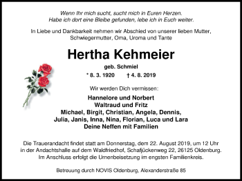 Traueranzeige von Hertha Kehmeier von Nordwest-Zeitung