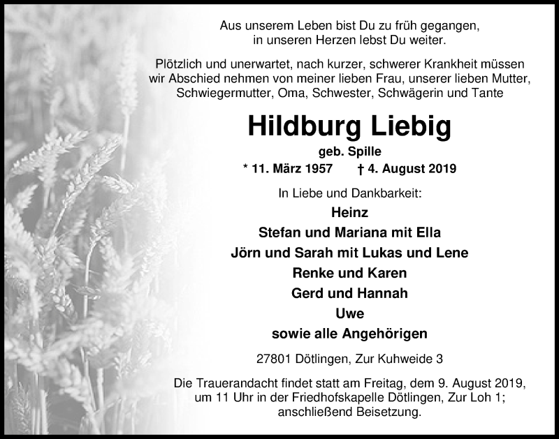  Traueranzeige für Hildburg Liebig vom 06.08.2019 aus Nordwest-Zeitung