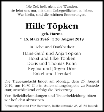 Traueranzeige von Hille Töpken von Nordwest-Zeitung