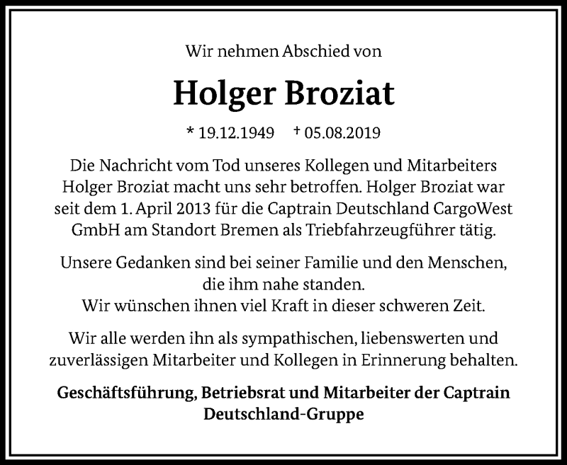  Traueranzeige für Holger Broziat vom 17.08.2019 aus Nordwest Zeitung