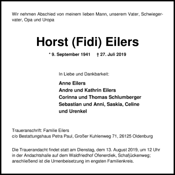 Traueranzeige von Horst (Fidi) Eilers von Nordwest-Zeitung