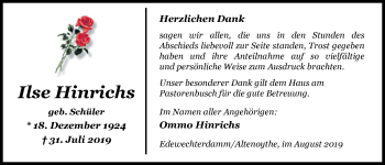 Traueranzeige von Ilse Hinrichs von Nordwest-Zeitung