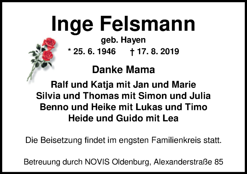  Traueranzeige für Inge Felsmann vom 20.08.2019 aus Nordwest-Zeitung