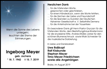 Traueranzeige von Ingeborg Meyer von Nordwest-Zeitung