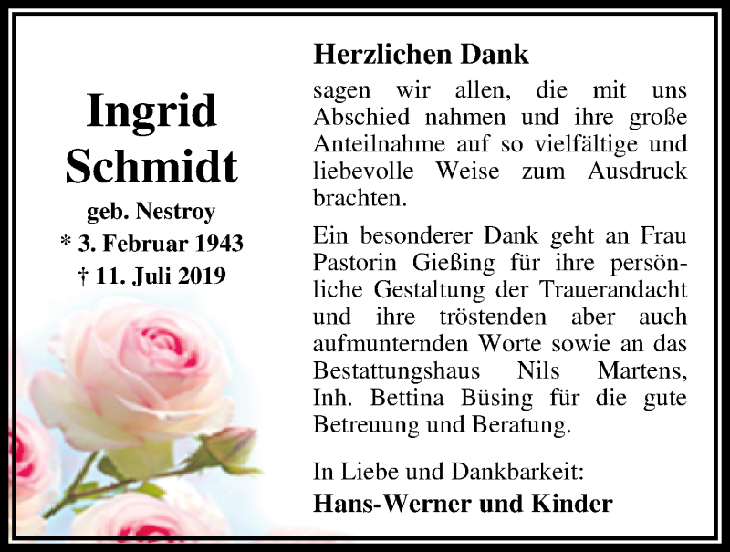  Traueranzeige für Ingrid Schmidt vom 26.08.2019 aus Nordwest-Zeitung