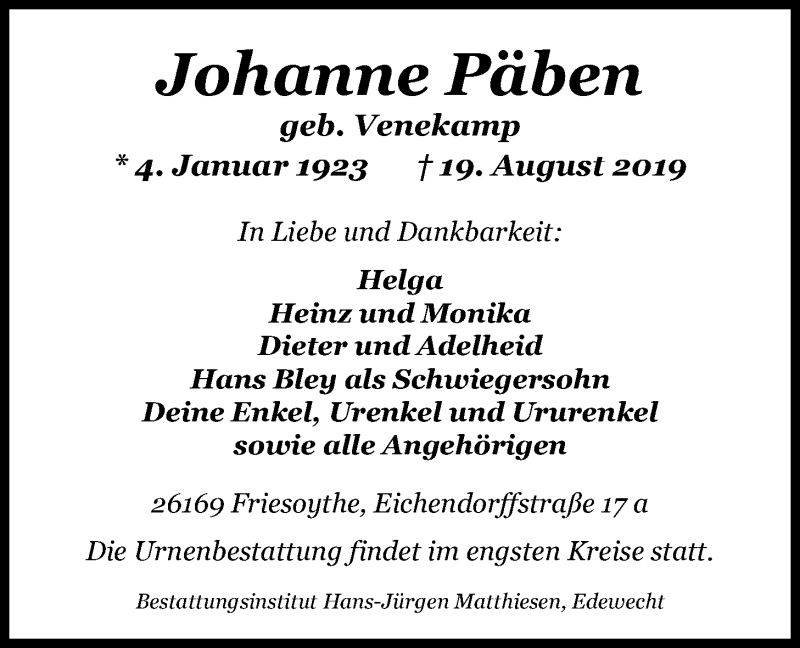  Traueranzeige für Johanne Päben vom 22.08.2019 aus Nordwest-Zeitung