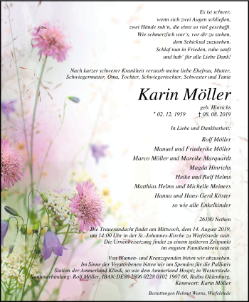 Traueranzeige von Karin Möller von Nordwest-Zeitung